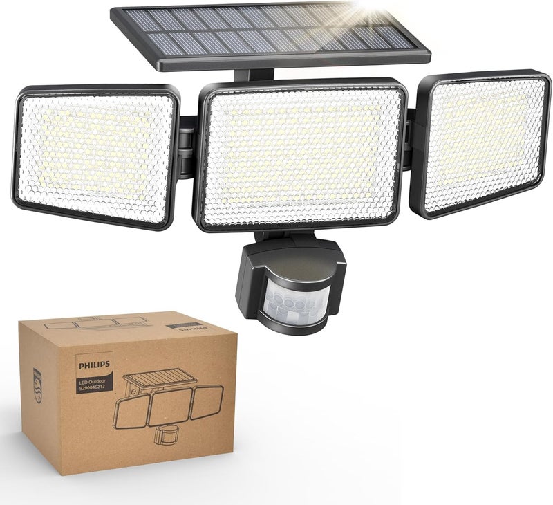 Philips Solar Security Light Outdoor Light 302 LEDs 1200lm，Solar-Powered Waterproof Wall-Mounted Flood Light w/PIR Motion Sensor, 3 Heads, IP65 Waterproof, 3 Modes (1 Pack) - Image 1